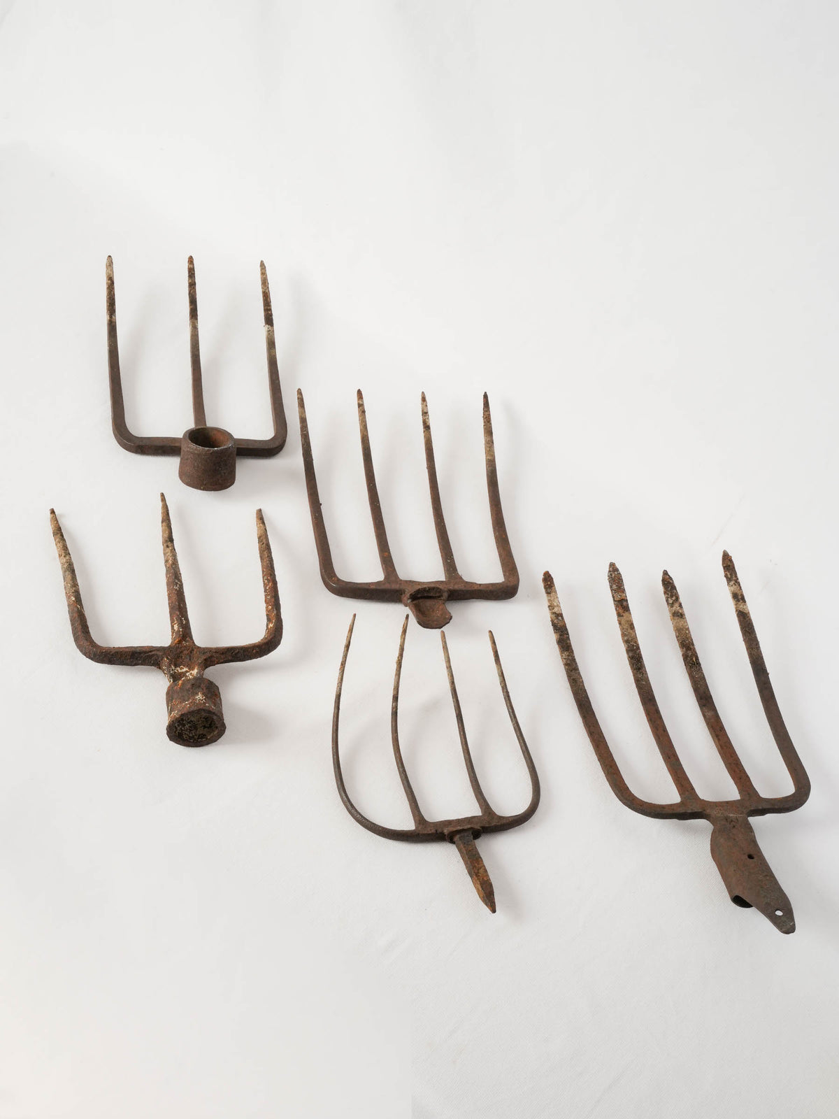 Set of Five Antique Wrought Iron Pitchfork Heads from France