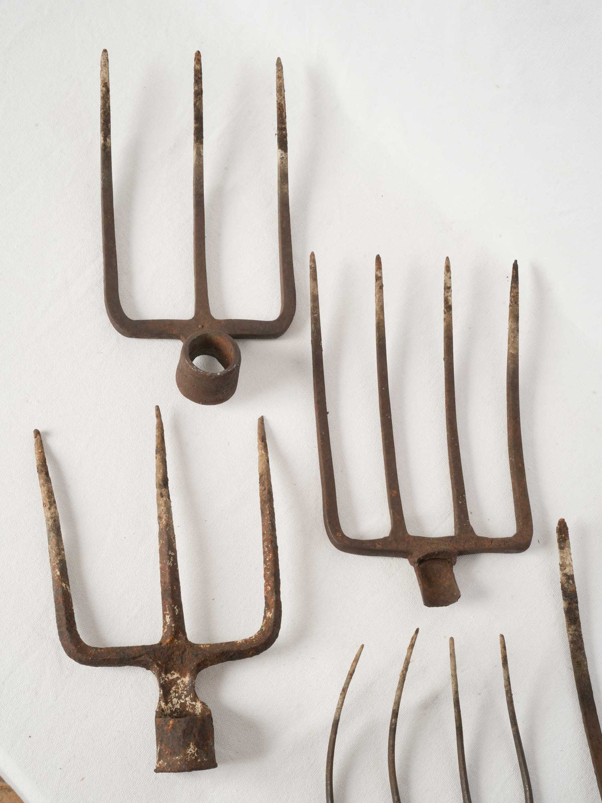 Set of 5 Antique Wrought Iron Pitchfork Heads from France