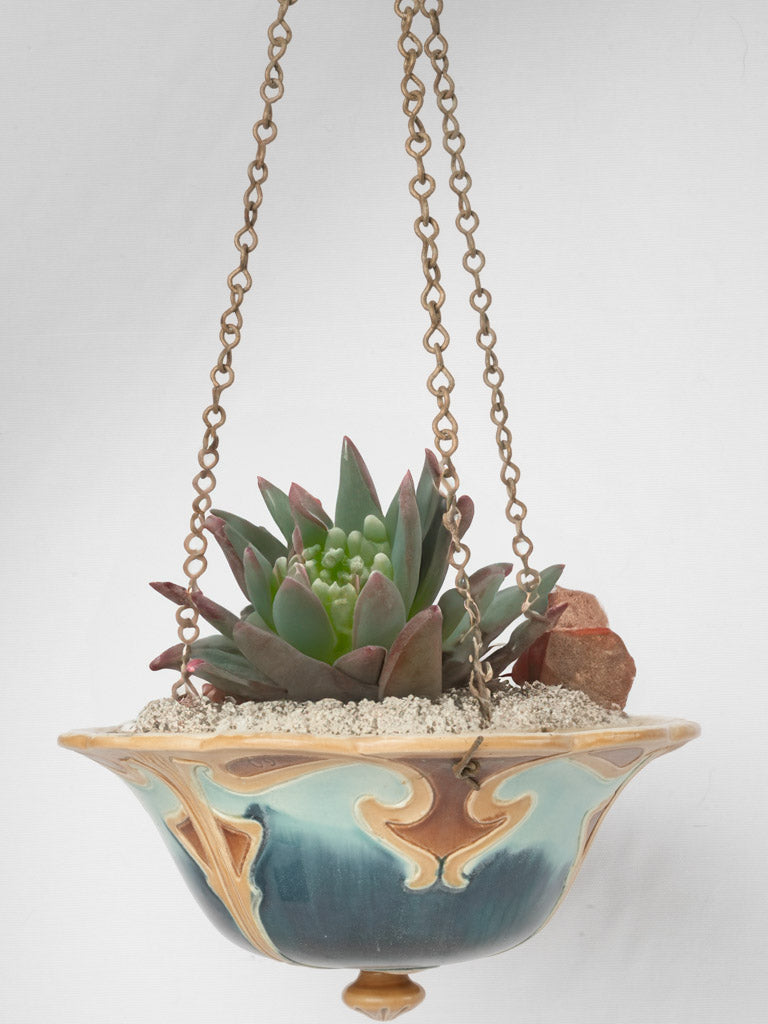 Art Nouveau earthenware hanging flower planter 6"