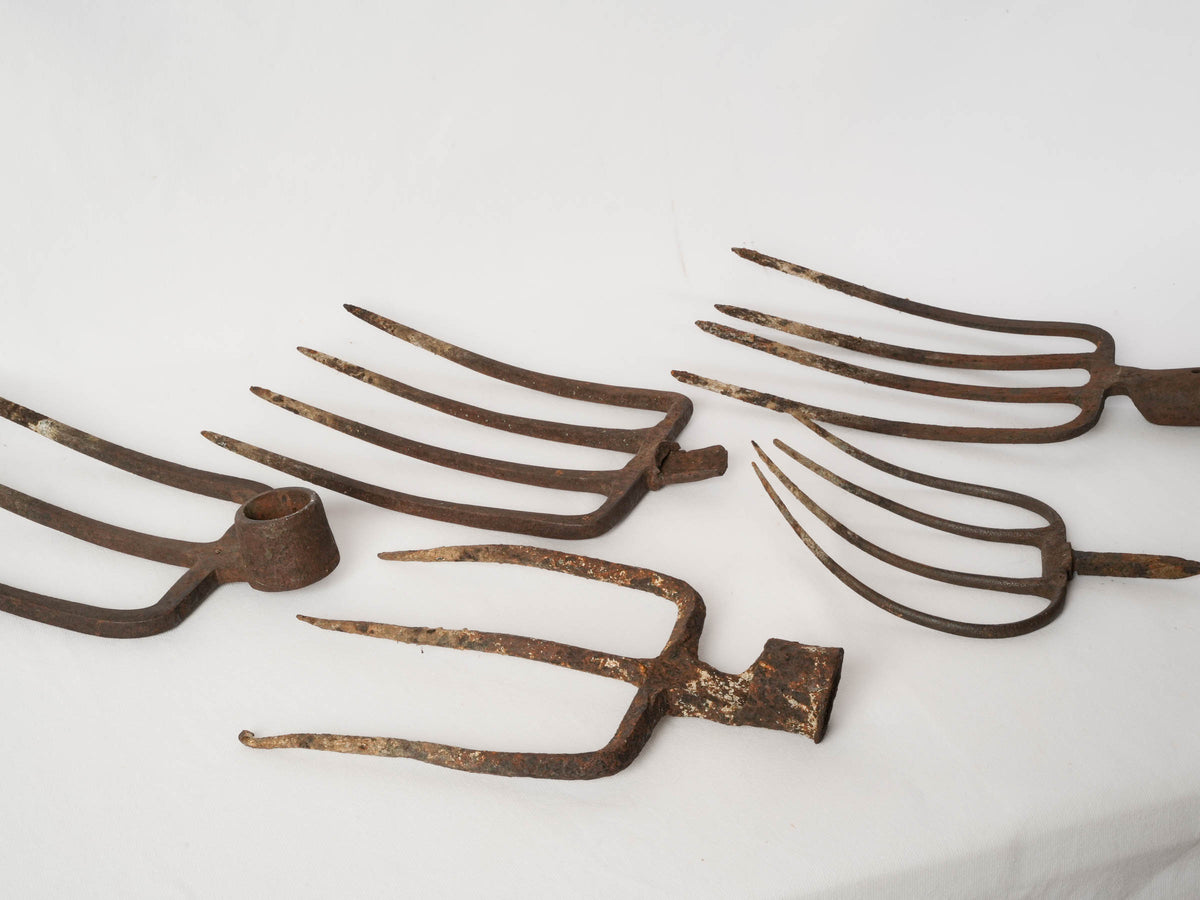 Set of 5 Antique Wrought Iron Pitchfork Heads from France