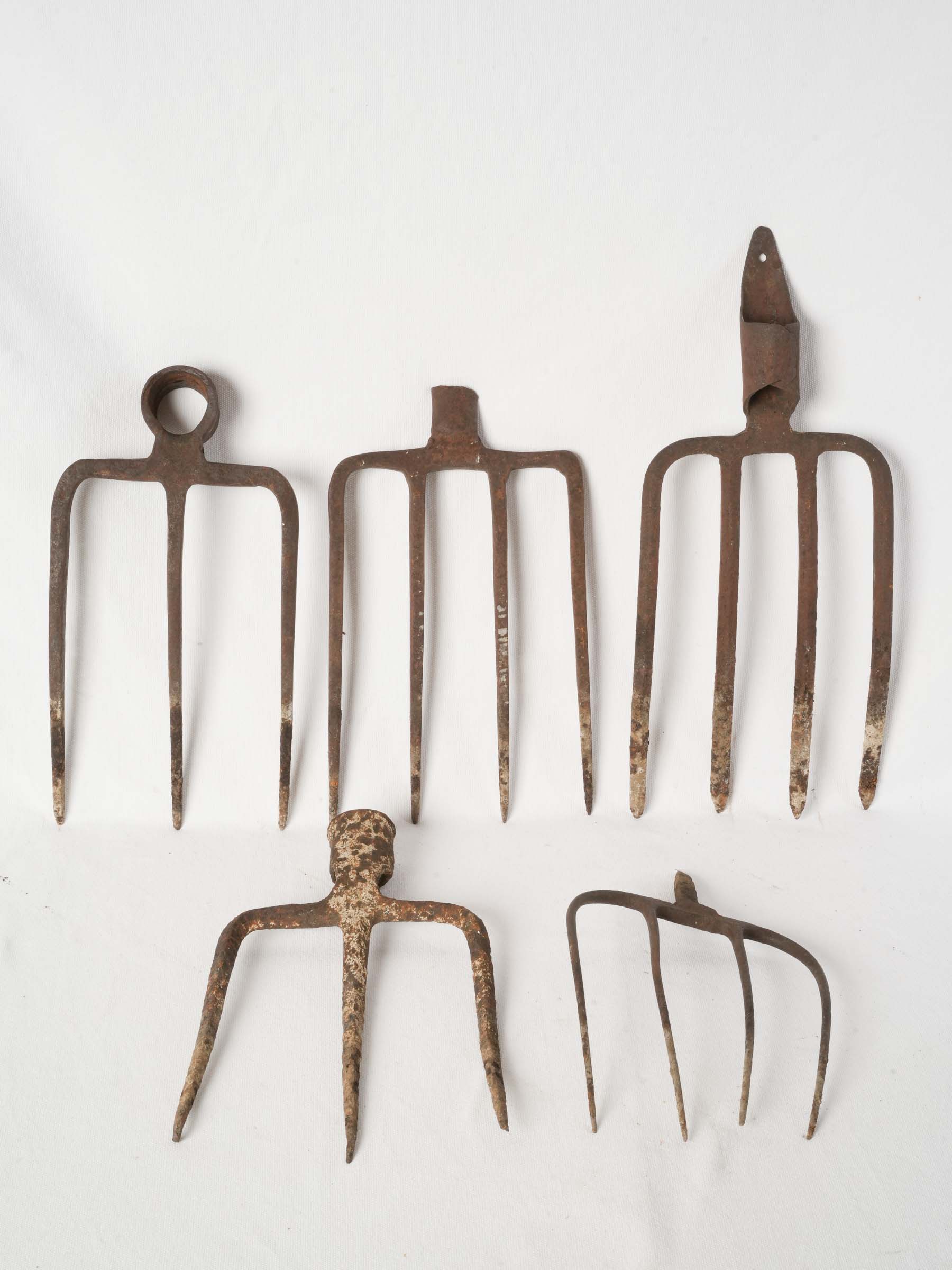 Set of Five Antique Wrought Iron Pitchfork Heads from France