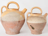 2 antique French water pitchers / cruches - tricolor 11½"