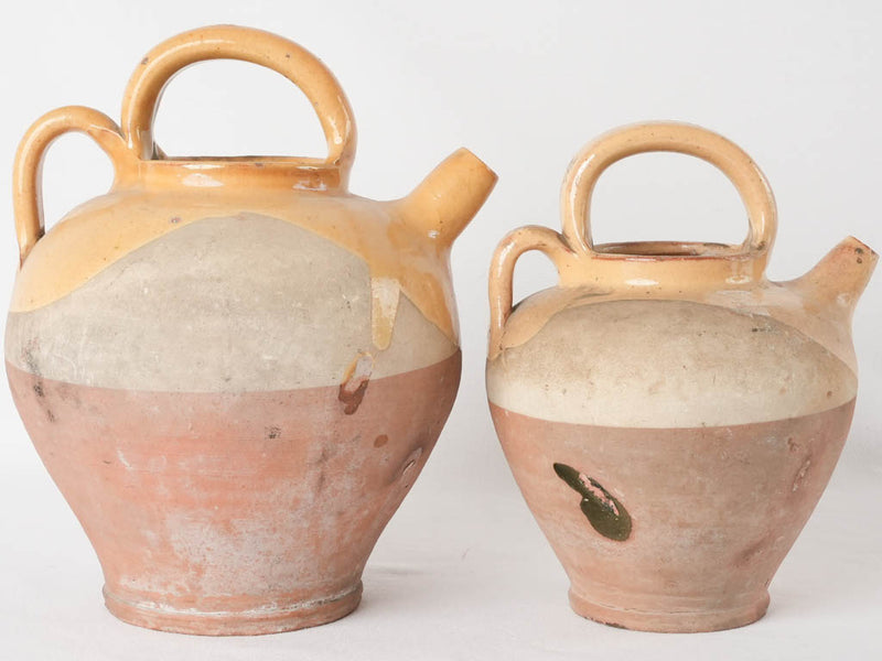 2 antique French water pitchers / cruches - tricolor 11½"