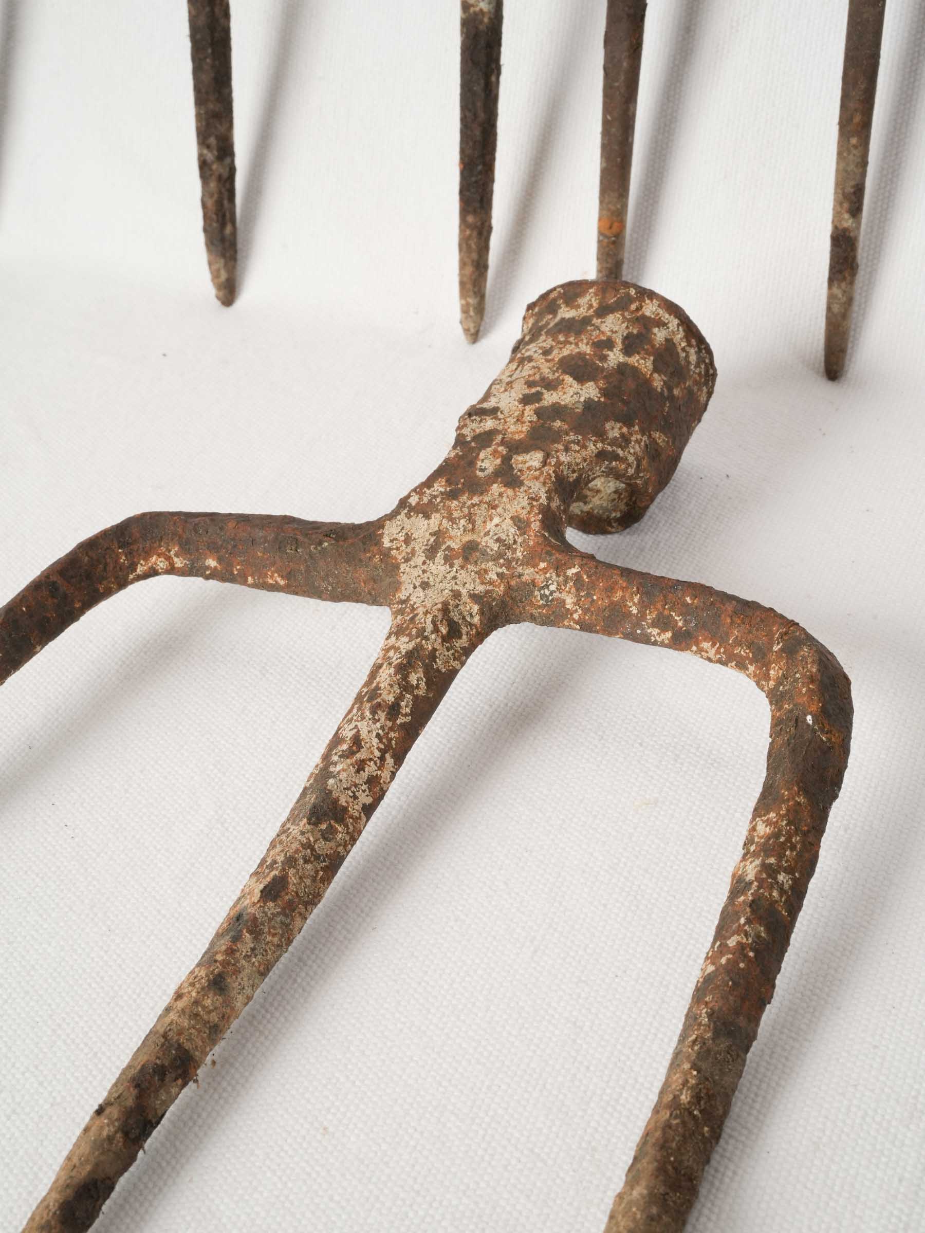 Set of Five Antique Wrought Iron Pitchfork Heads from France
