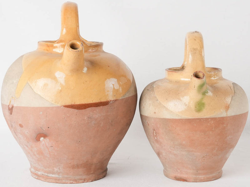 2 antique French water pitchers / cruches - tricolor 11½"