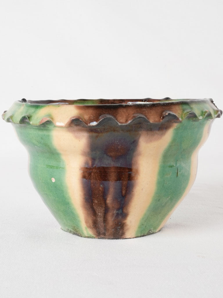 Vintage flower pot w/ green brown & yellow 8¼"