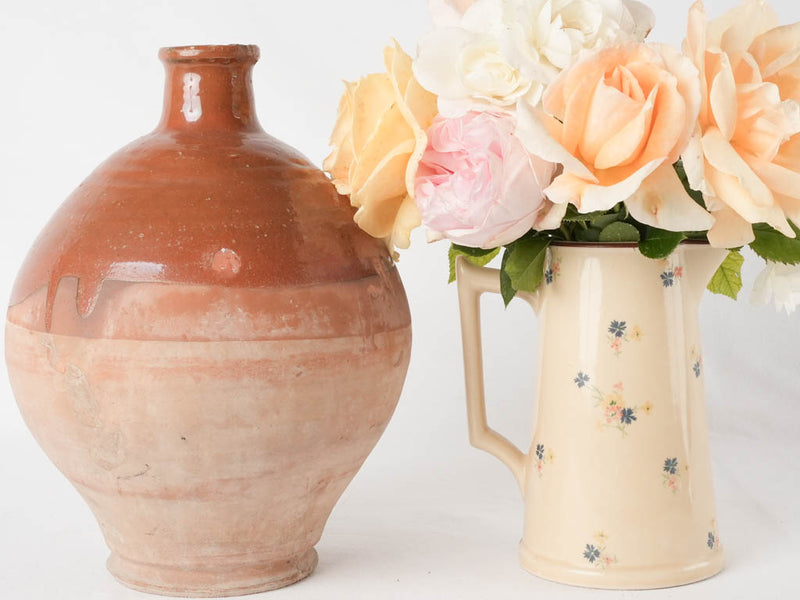 Antique terracotta bottle w/ half brown glaze 11¾"
