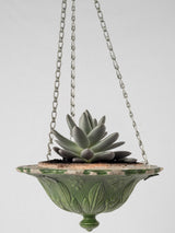 Rustic antique French terracotta hanging flower pot - green 5"