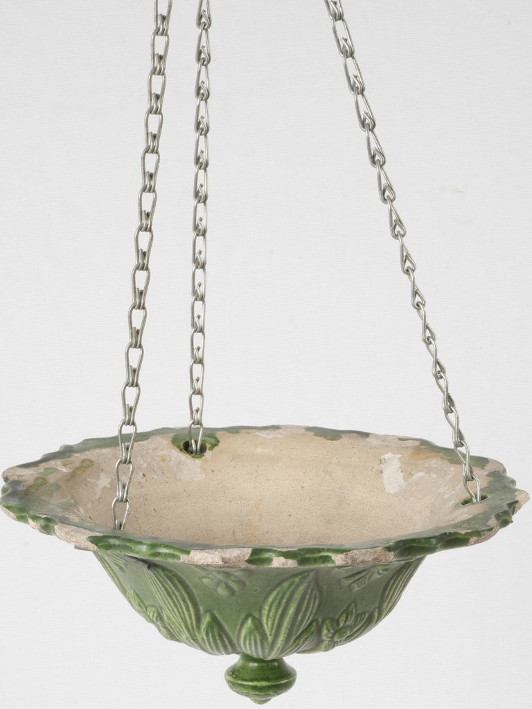 Rustic antique French terracotta hanging flower pot - green 5"