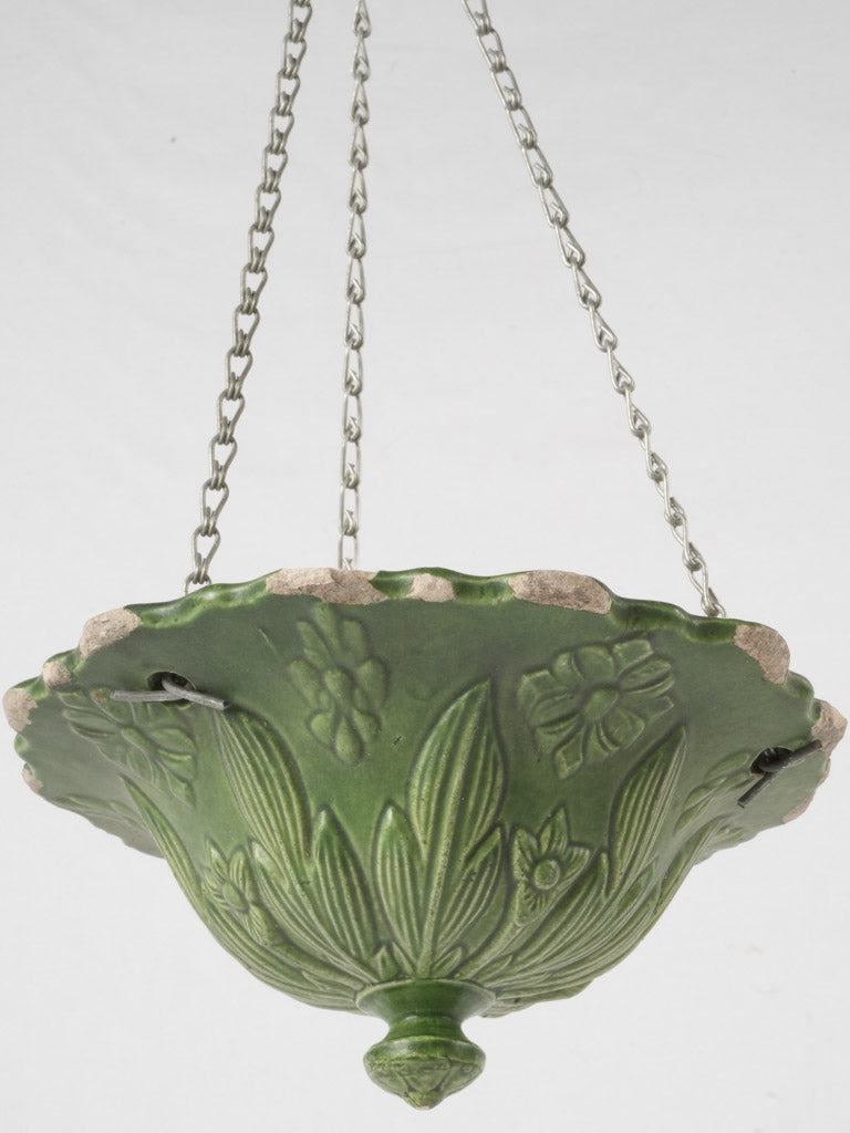 Rustic antique French terracotta hanging flower pot - green 5"