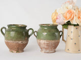 2 antique French confit pots - green 7½"