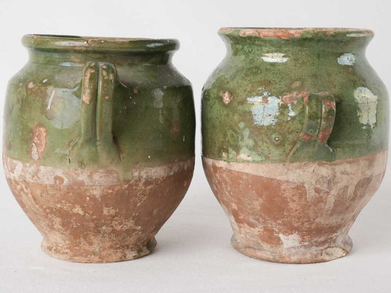 2 antique French confit pots - green 7½"