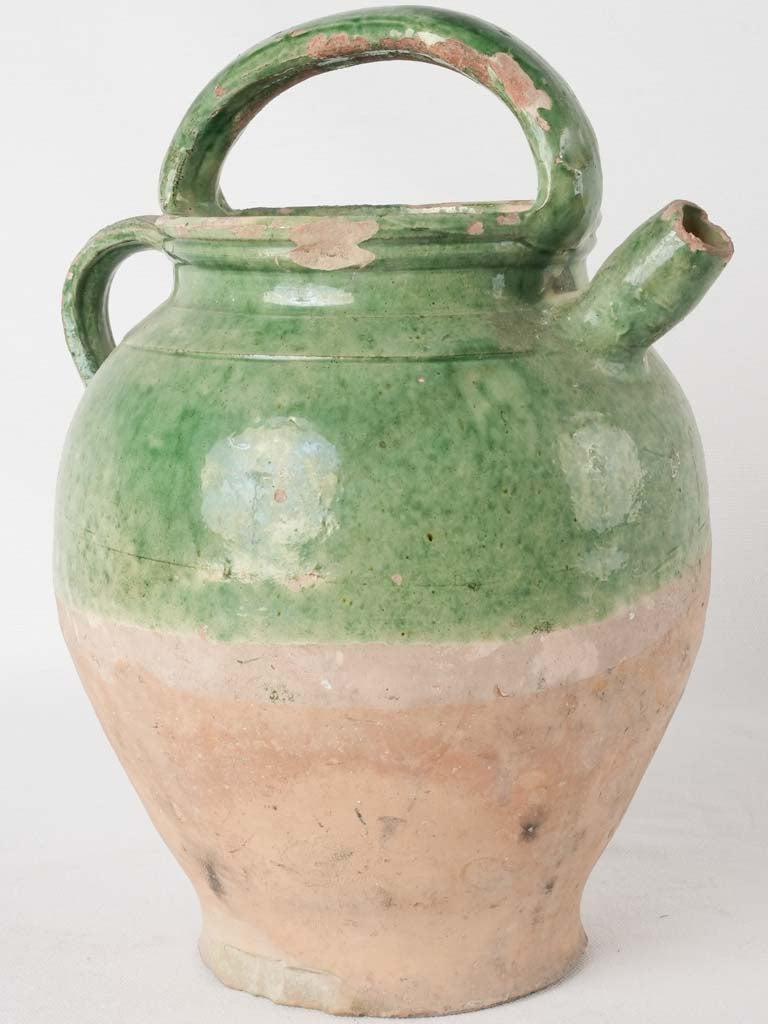 Antique French water pitcher / cruche - medium 1/2 green glaze 13"