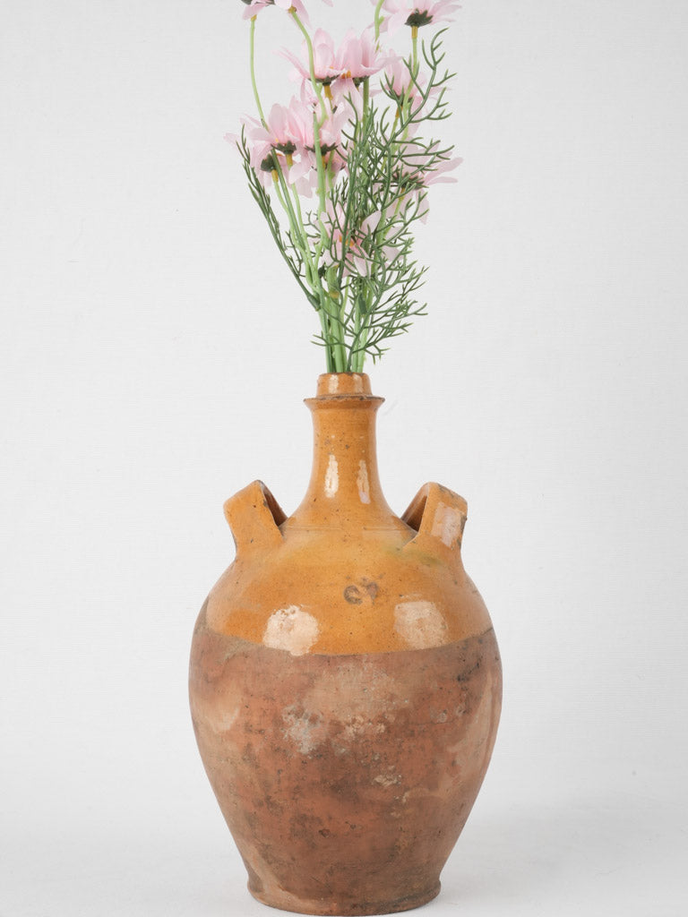Antique French terracotta water bottle  w/ ocher glaze 11½"