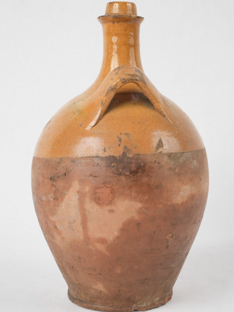 Antique French terracotta water bottle  w/ ocher glaze 11½"
