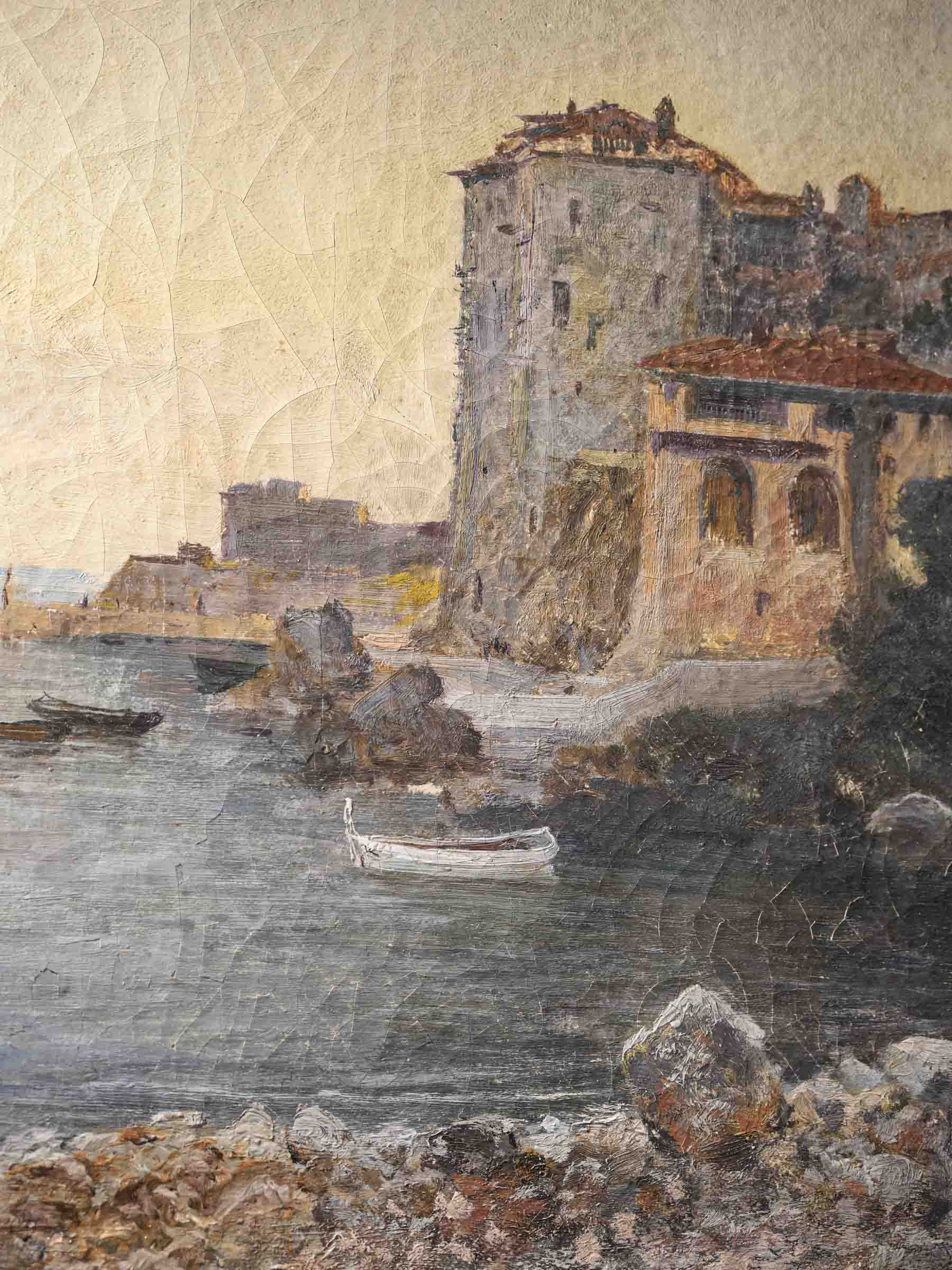 Vintage Ligurian shoreline oil painting  