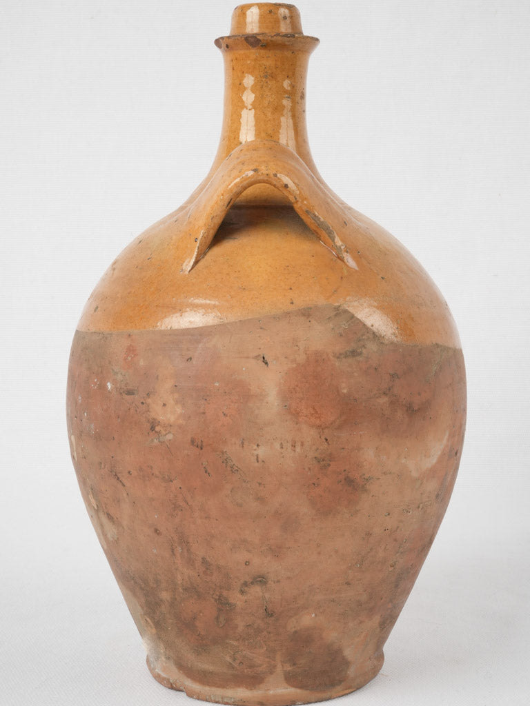 Antique French terracotta water bottle  w/ ocher glaze 11½"