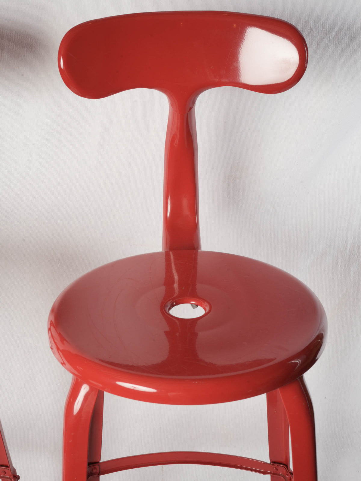 Pair of Red French Industrial Metal Stools