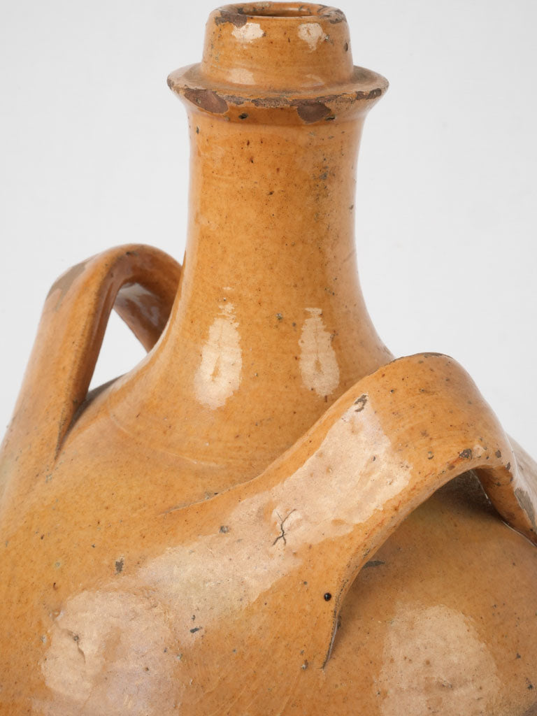 Antique French terracotta water bottle  w/ ocher glaze 11½"