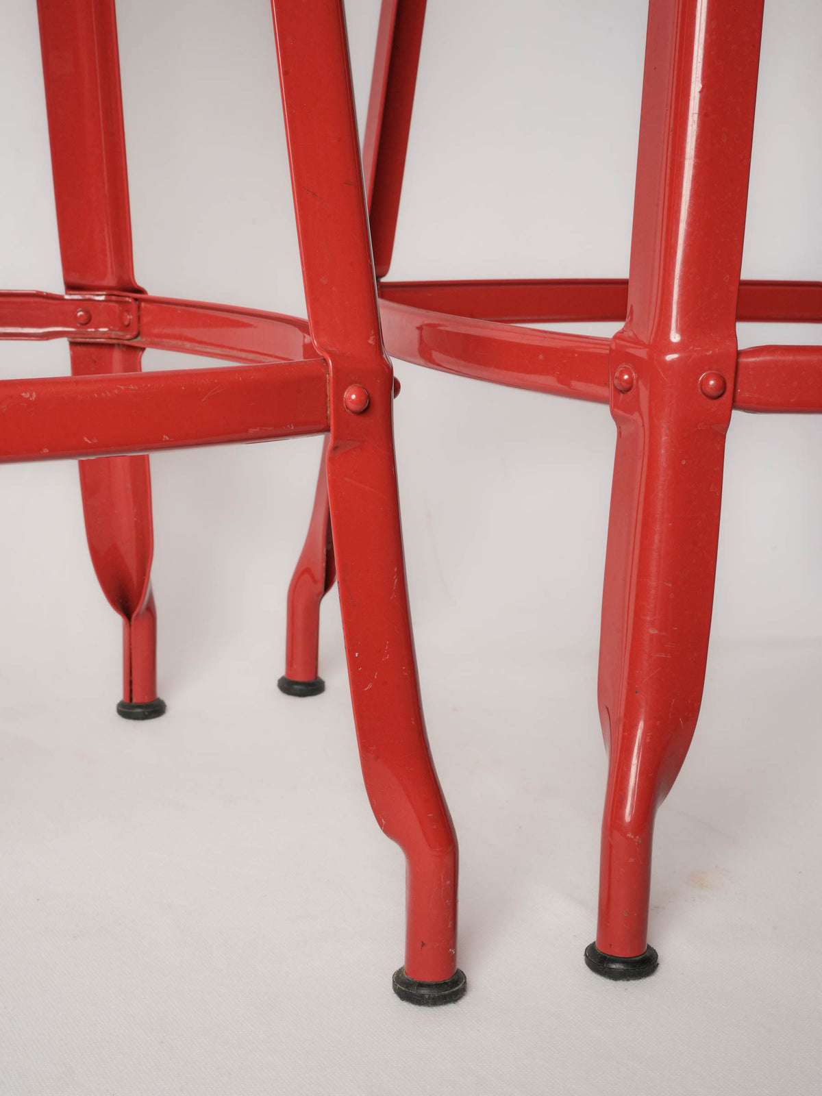 Pair of Red French Industrial Metal Stools