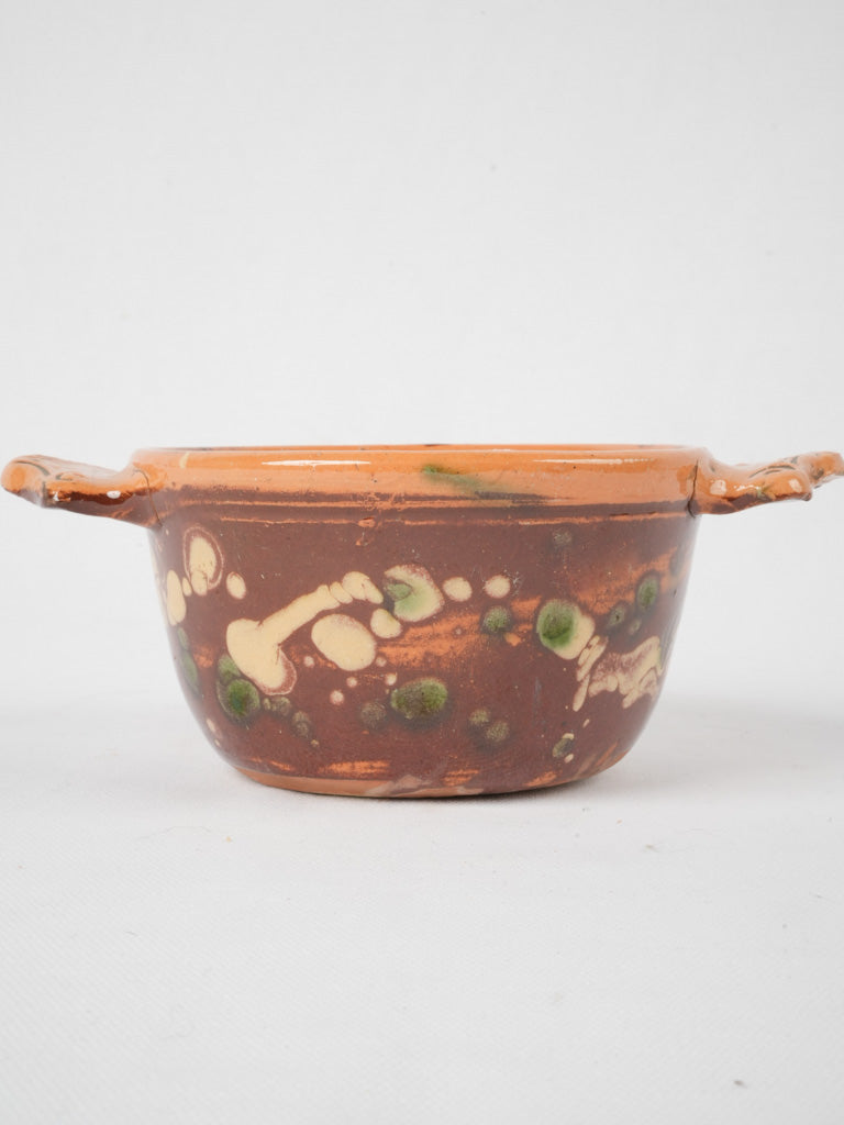 Rustic green-jaspe-glazed antique soup vessel