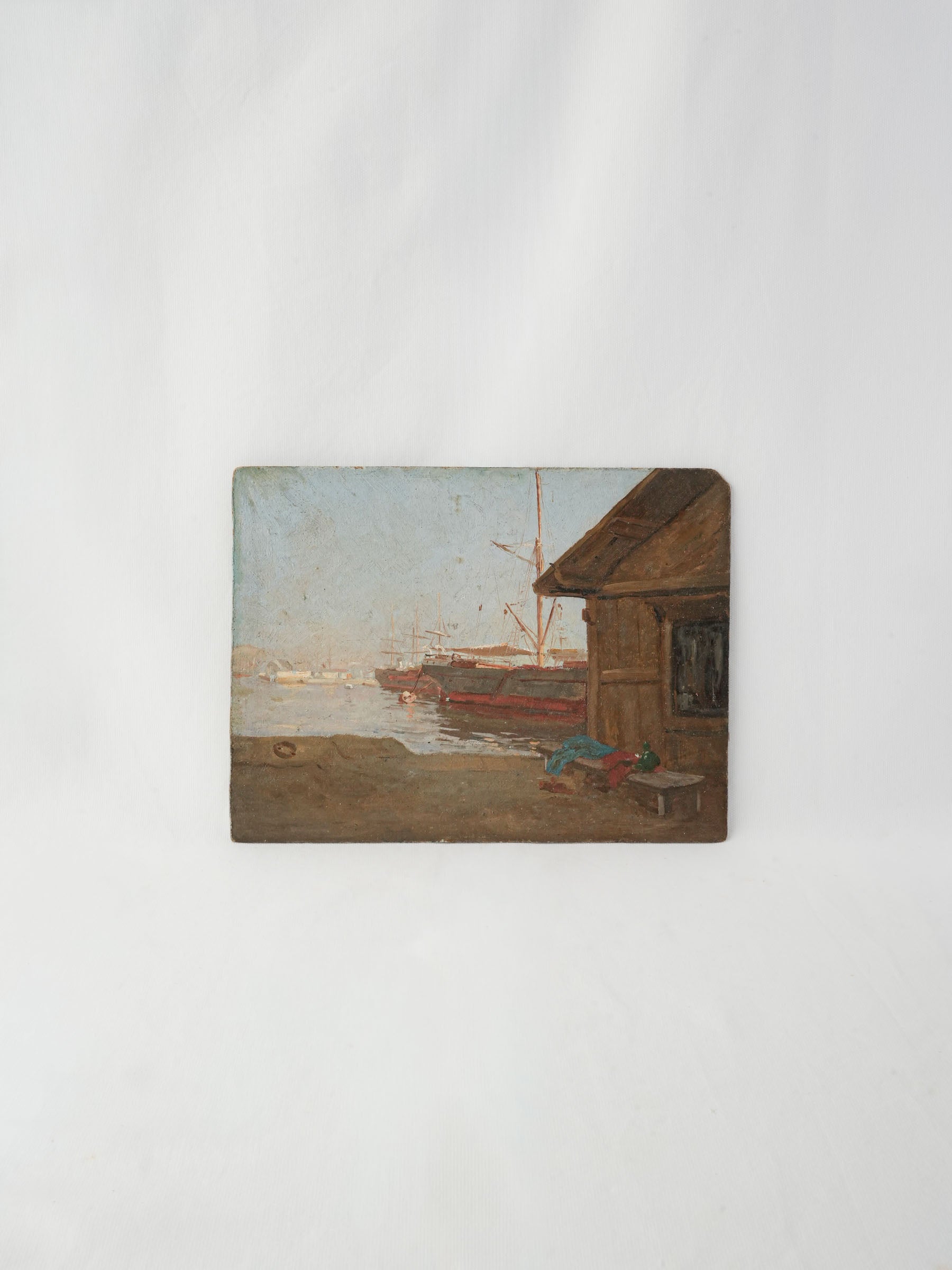 View of the Marseille Docks - Small Oil on Board Late 19th Century - 9¾" x 13"