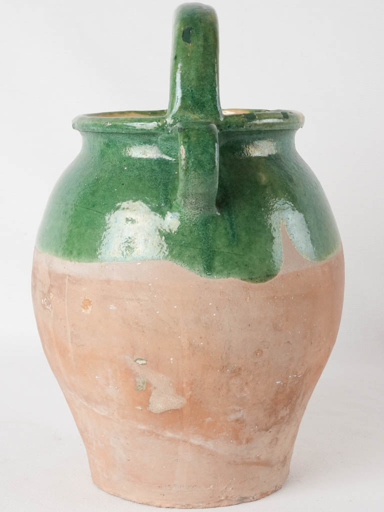 Large antique French water pitcher - dark green half glaze 14¼"