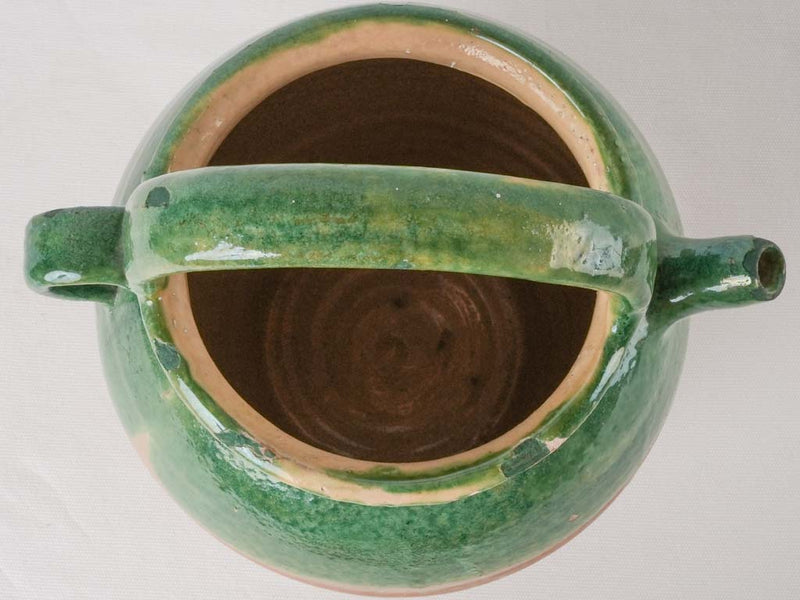 Large antique French water pitcher - dark green half glaze 14¼"