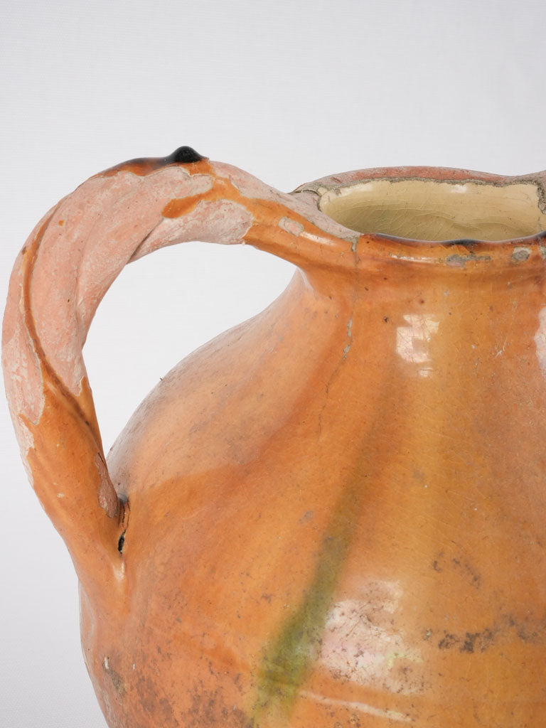 Antique French ocher "orjol" cruche w/ twisted handles 12½"