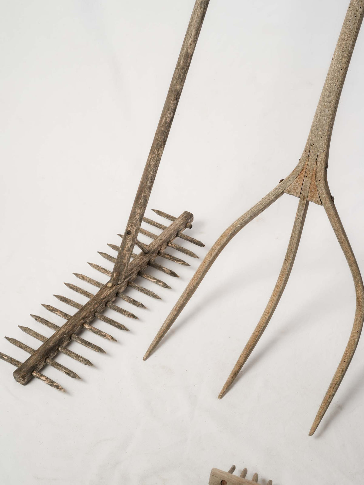 Antique French Wooden Farm Tools Trio - Rakes and Hay Fork