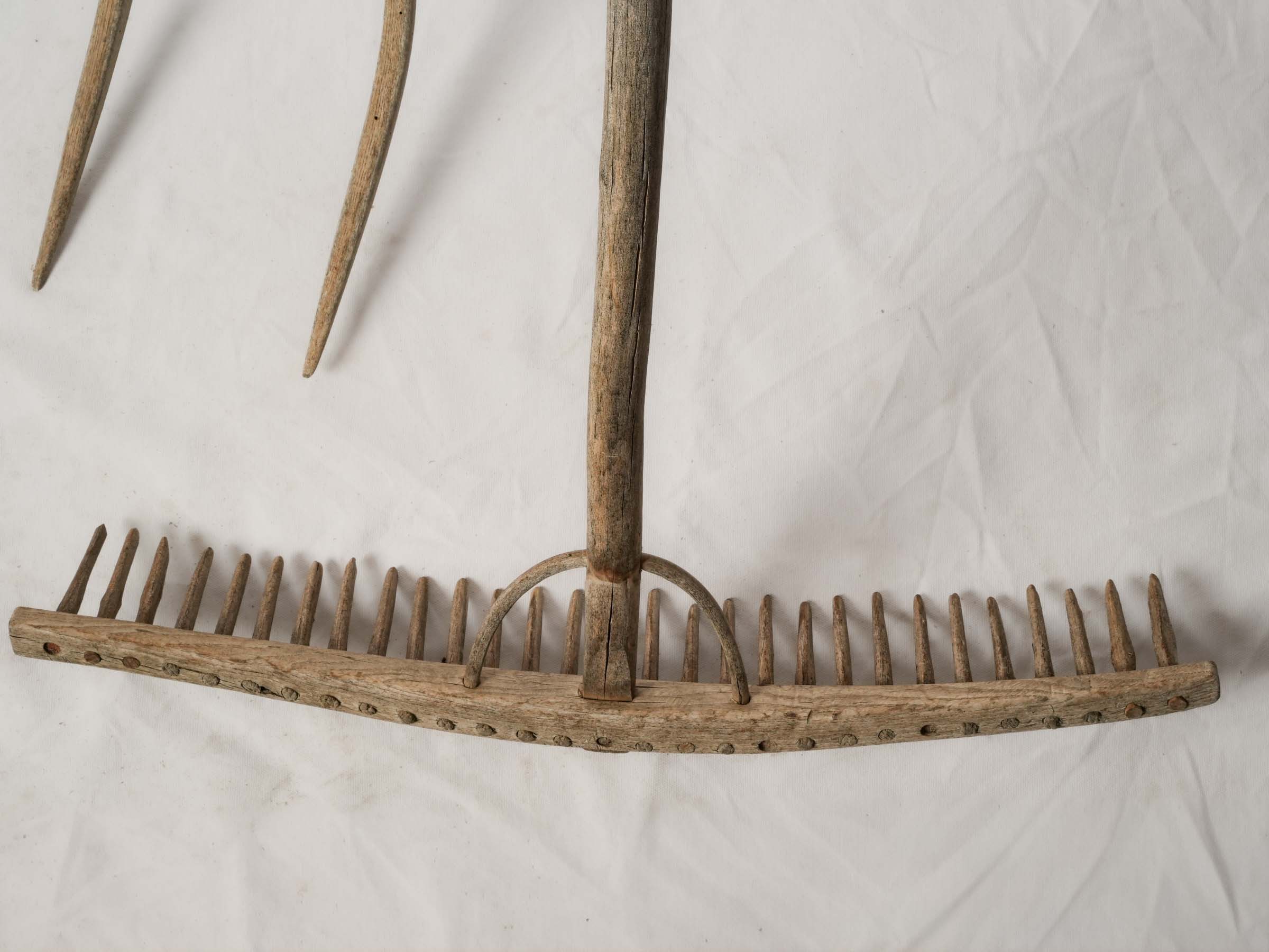 Antique French Wooden Farm Tools Trio - Rakes and Hay Fork