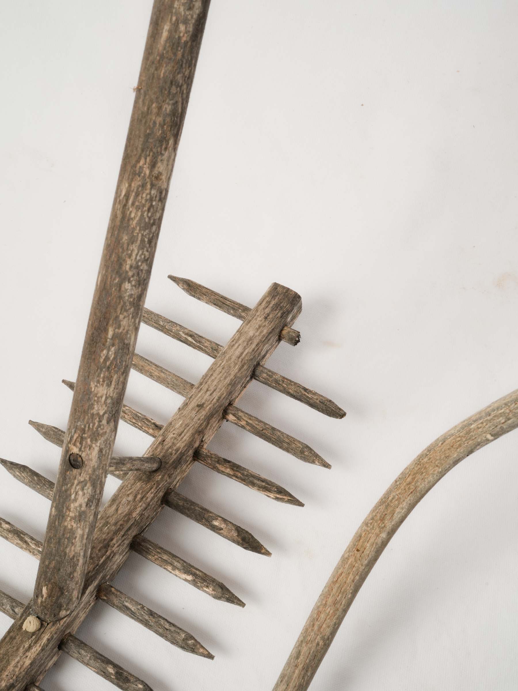 Antique French Wooden Farm Tools Trio - Rakes and Hay Fork
