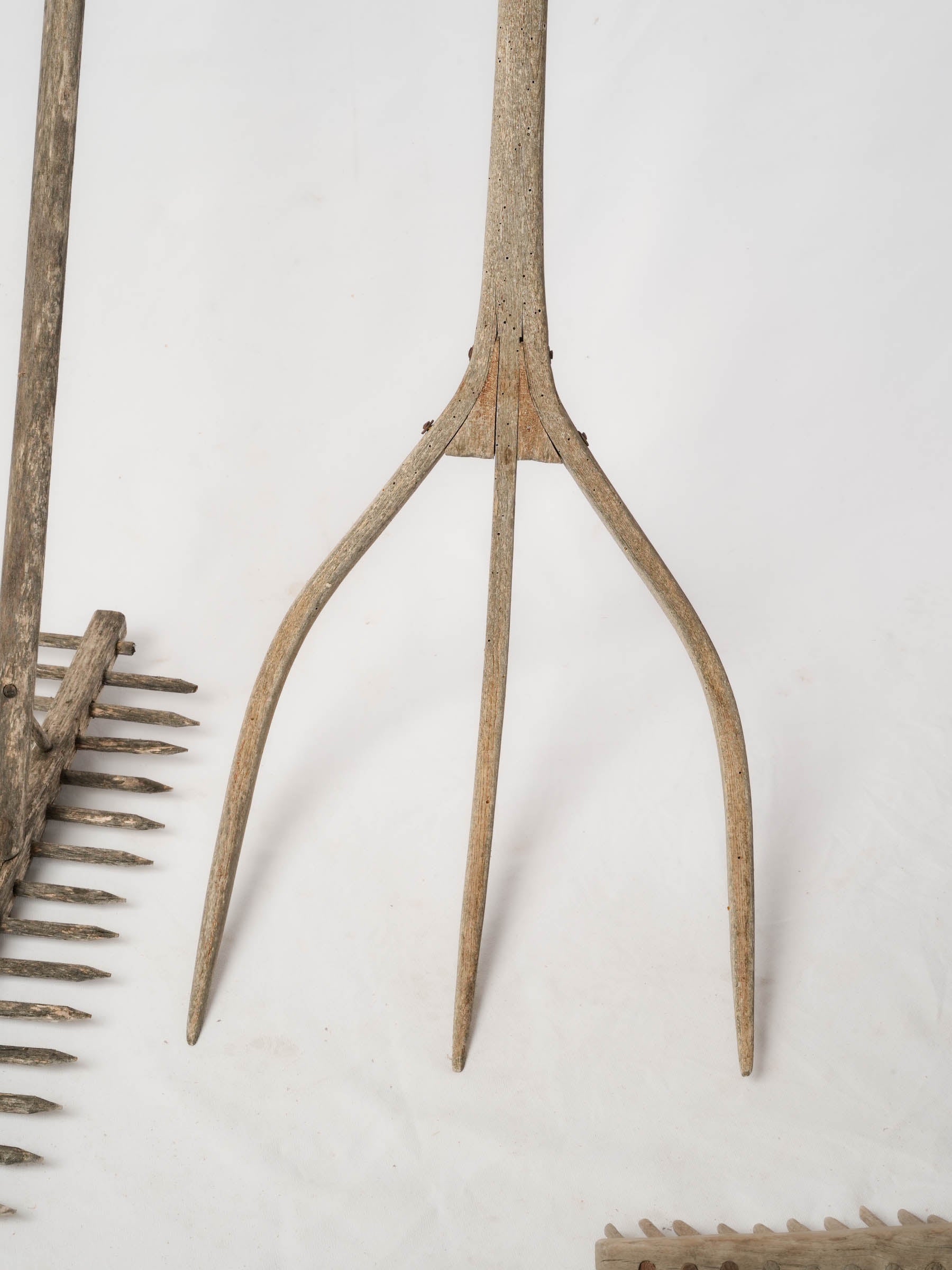 Antique French Wooden Farm Tools Trio - Rakes and Hay Fork