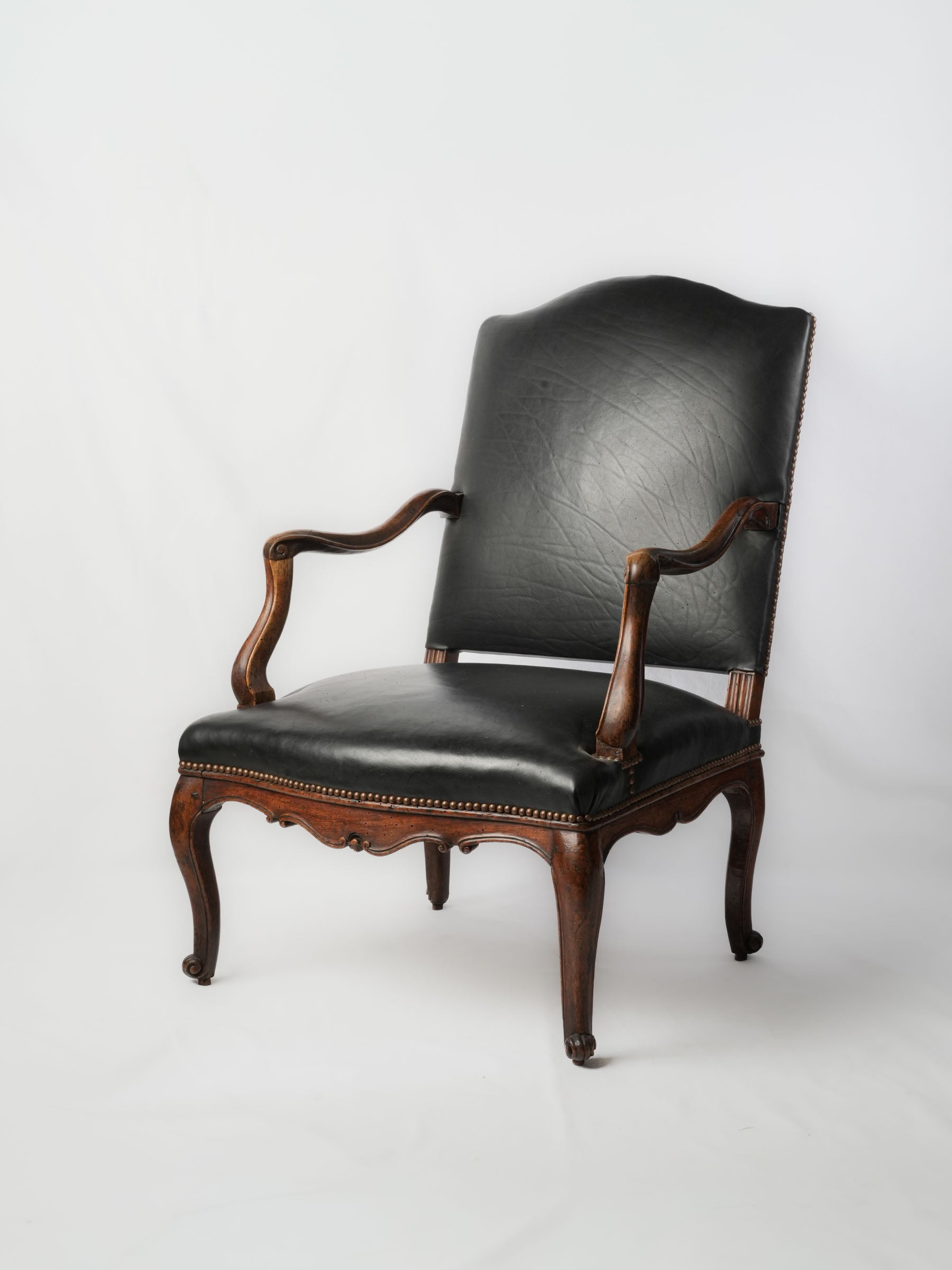Large Louis XV Walnut Armchair w/ Recent Black Leather Upholstery - 40¼"