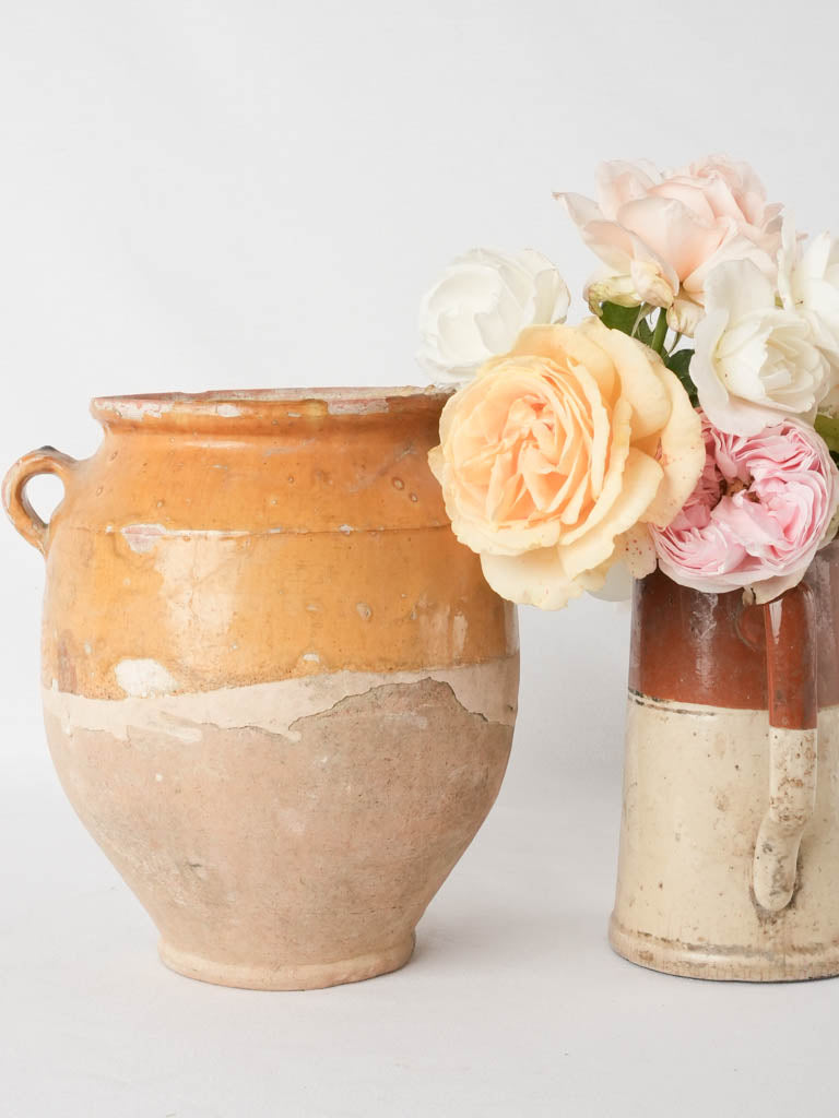 Antique French confit pot with splash of glaze 9¾"