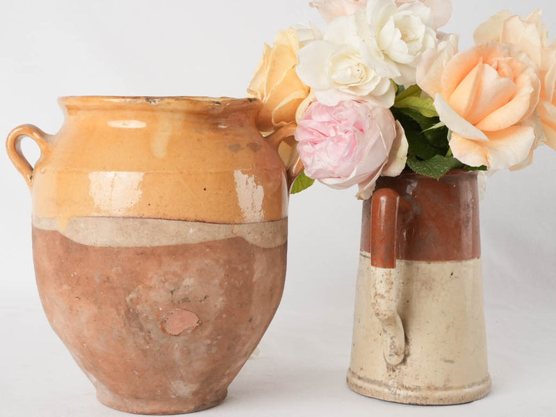 Antique French confit pot - ocher & beige glaze w/ 2 handles 9¾"