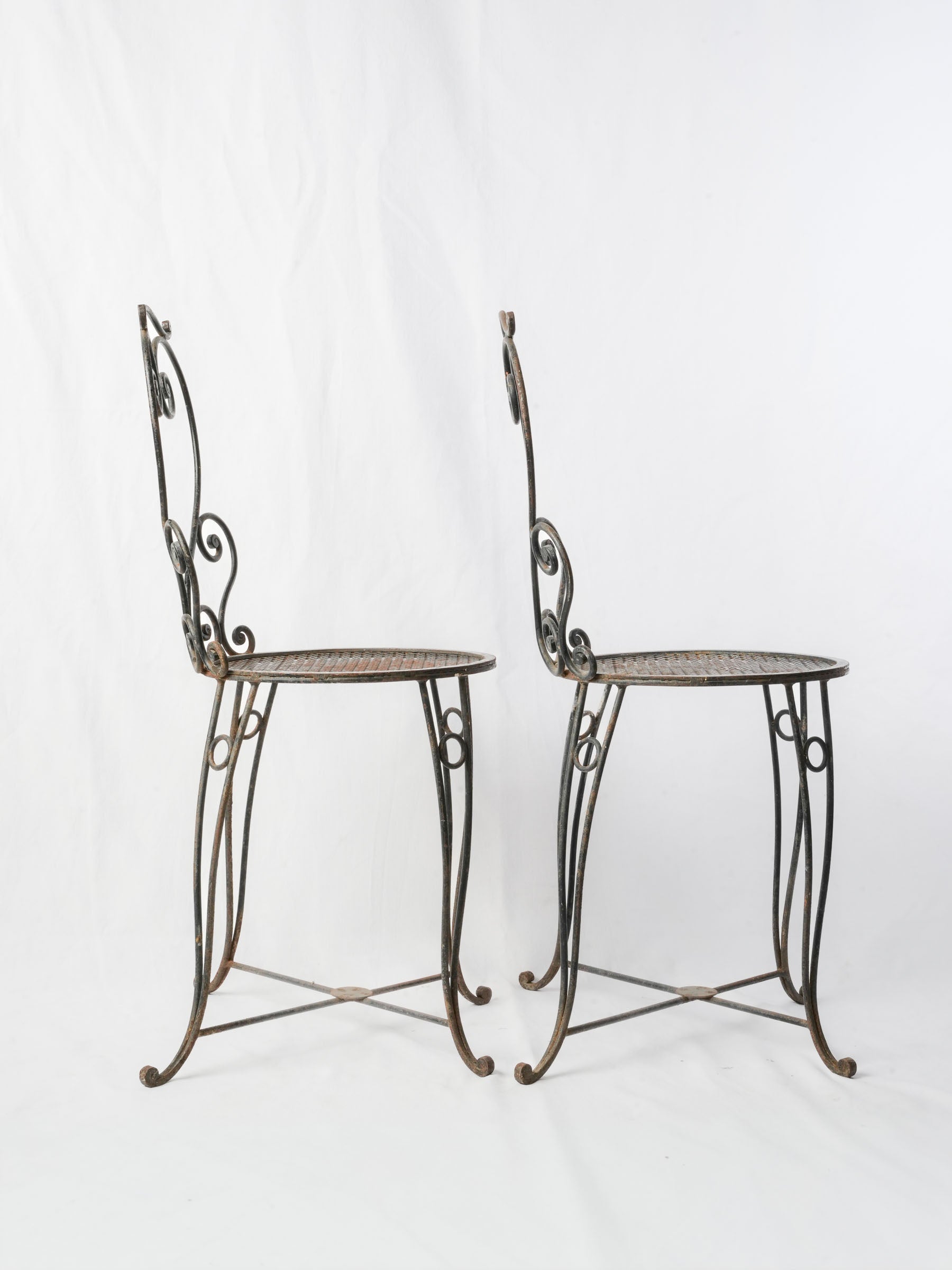Pair of Small French Wrought Iron Garden Chairs w/ Scrolling Motifs