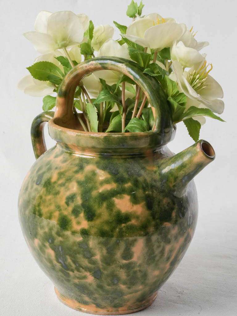 Antique French Ceramic Water Jug w/ Speckled Green on Yellow Glaze - 11"