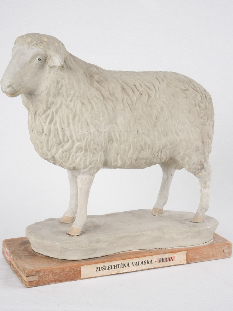 Antique Sheep Sculpture on Wood - 15"
