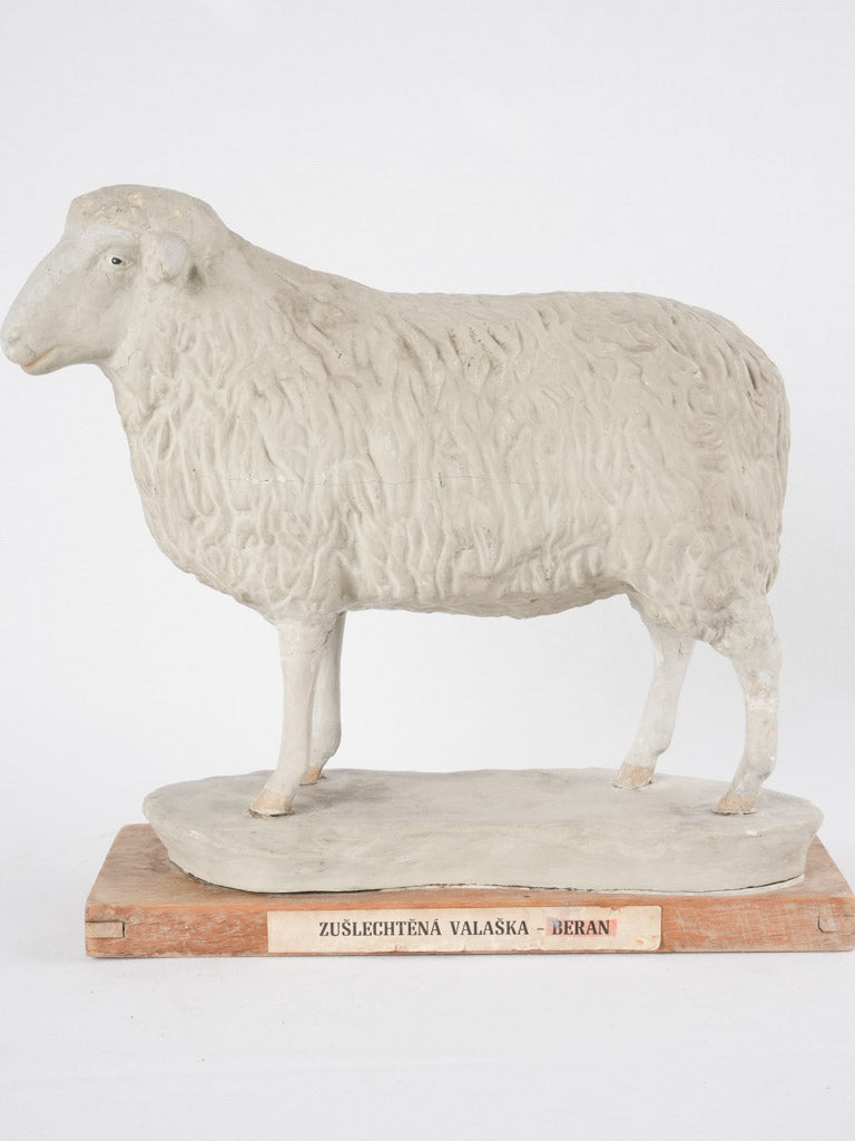 Antique Sheep Sculpture on Wood - 15"