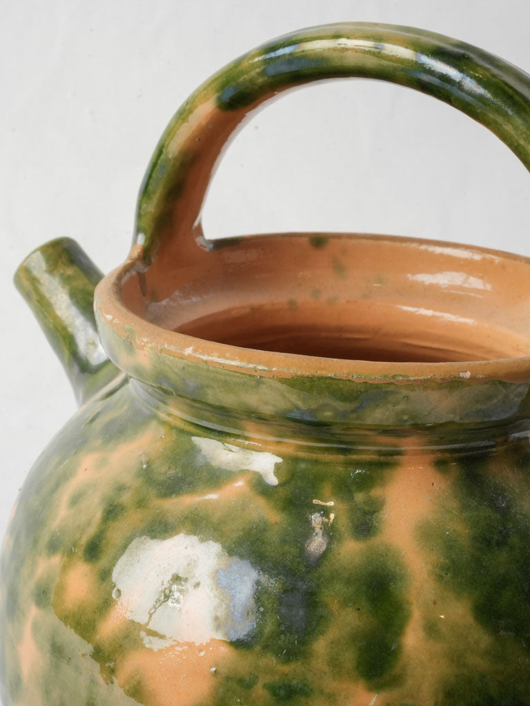 Antique French Ceramic Water Jug w/ Speckled Green on Yellow Glaze - 11"