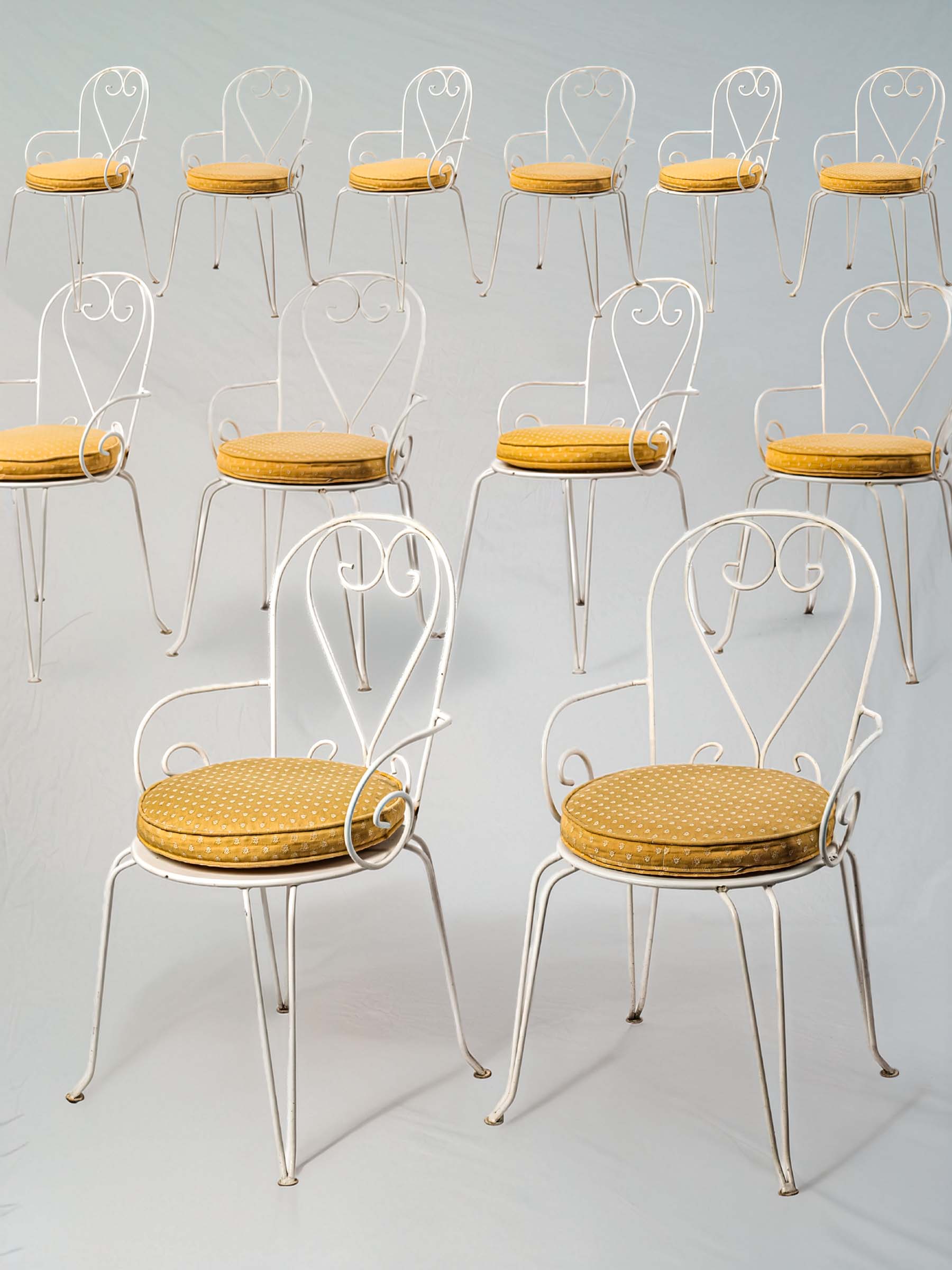 Set of 12 Wrought Iron Garden Armchairs w/ Ocher Cushions