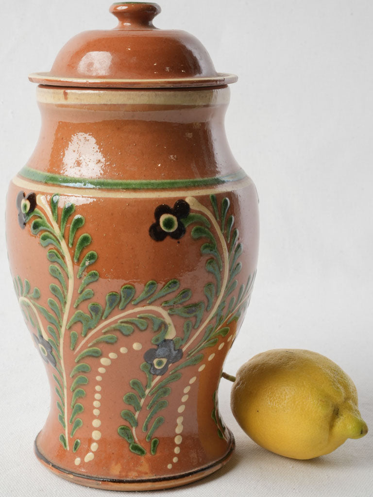 Charming 1960s French Lidded Glazed Pot W/ Floral Motifs -11"
