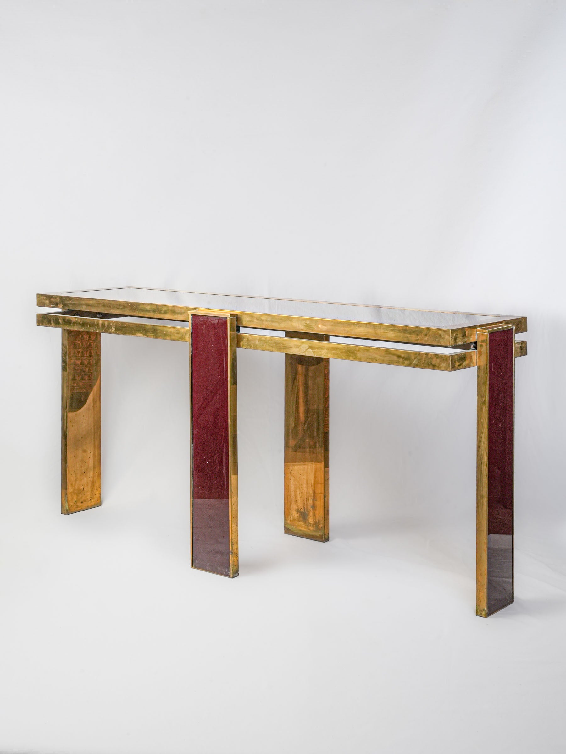 Chic 1970s Italian Brass and Tinted Glass Console Table by Liwan’s Rome - 61¾"
