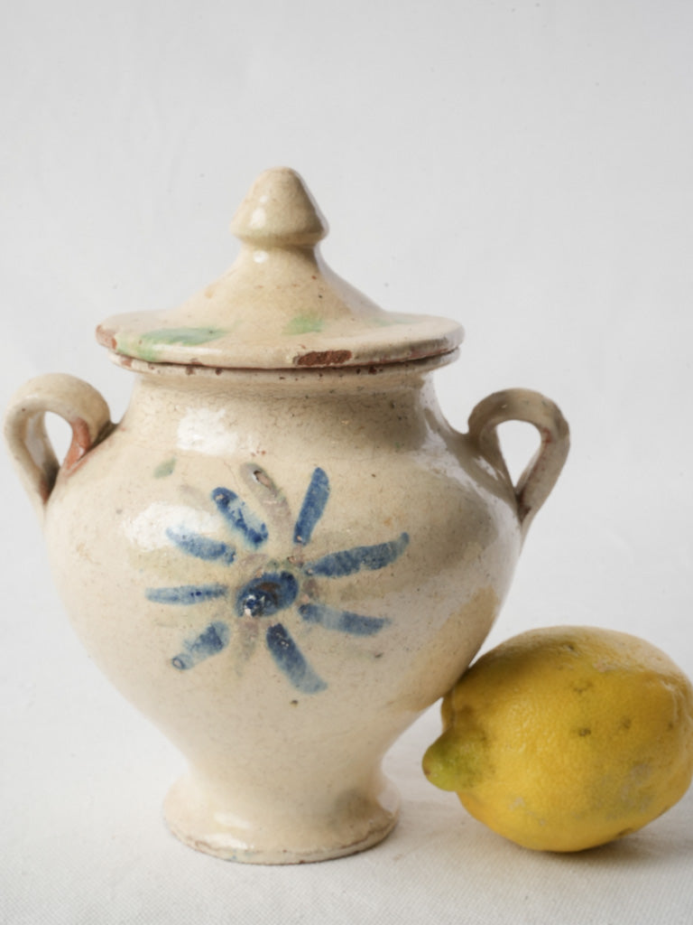 Charming Mid-20th Century Lidded Pot W/ Blue Floral Décor - 8¾"