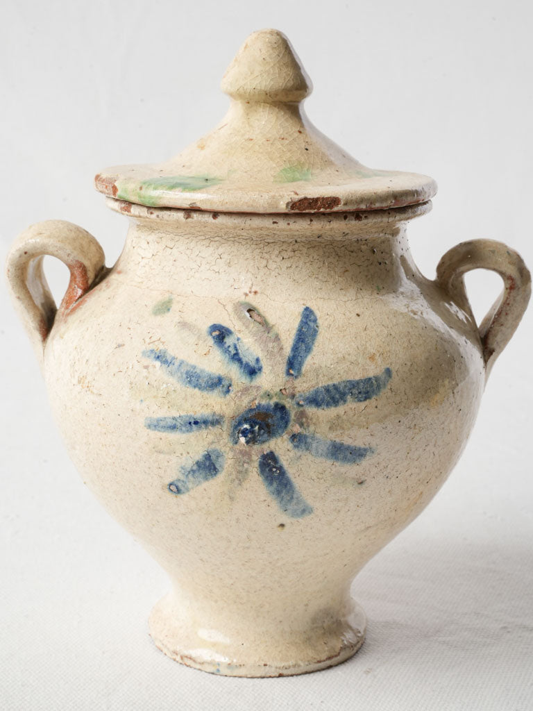 Charming Mid-20th Century Lidded Pot W/ Blue Floral Décor - 8¾"