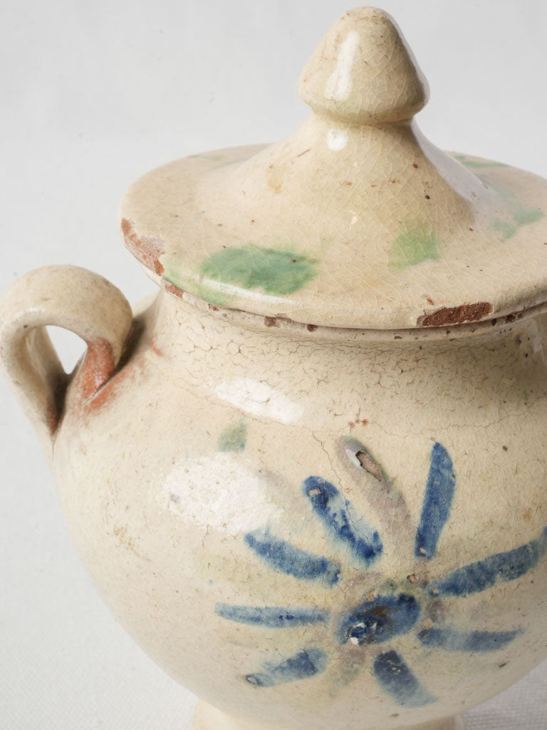Charming Mid-20th Century Lidded Pot W/ Blue Floral Décor - 8¾"