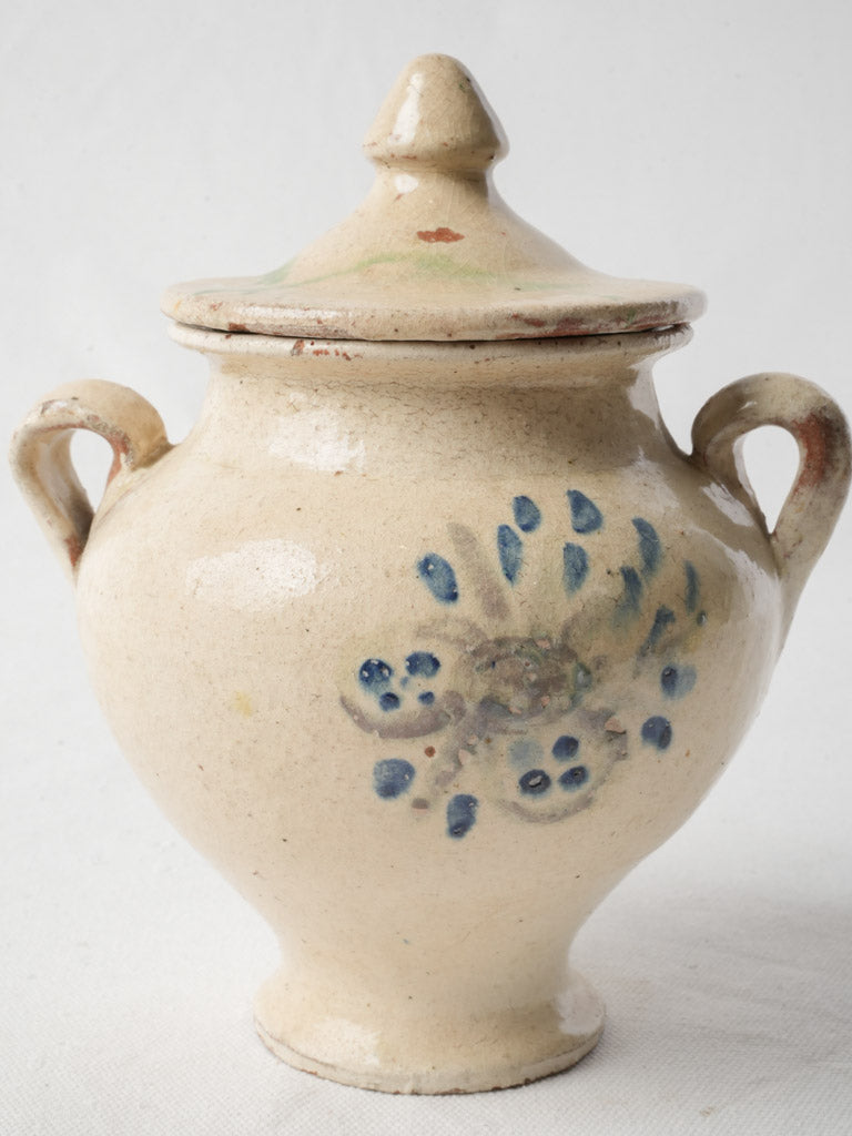 Charming Mid-20th Century Lidded Pot W/ Blue Floral Décor - 8¾"