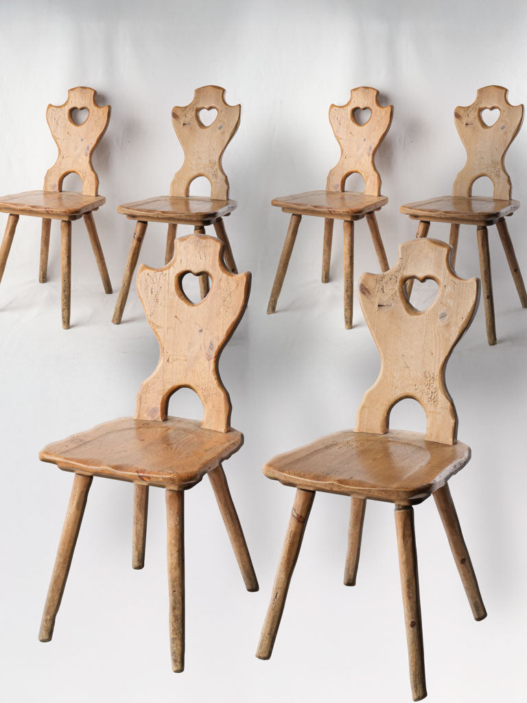 Set of Six Alpine Fir Board-Back Chairs with Heart Cutouts