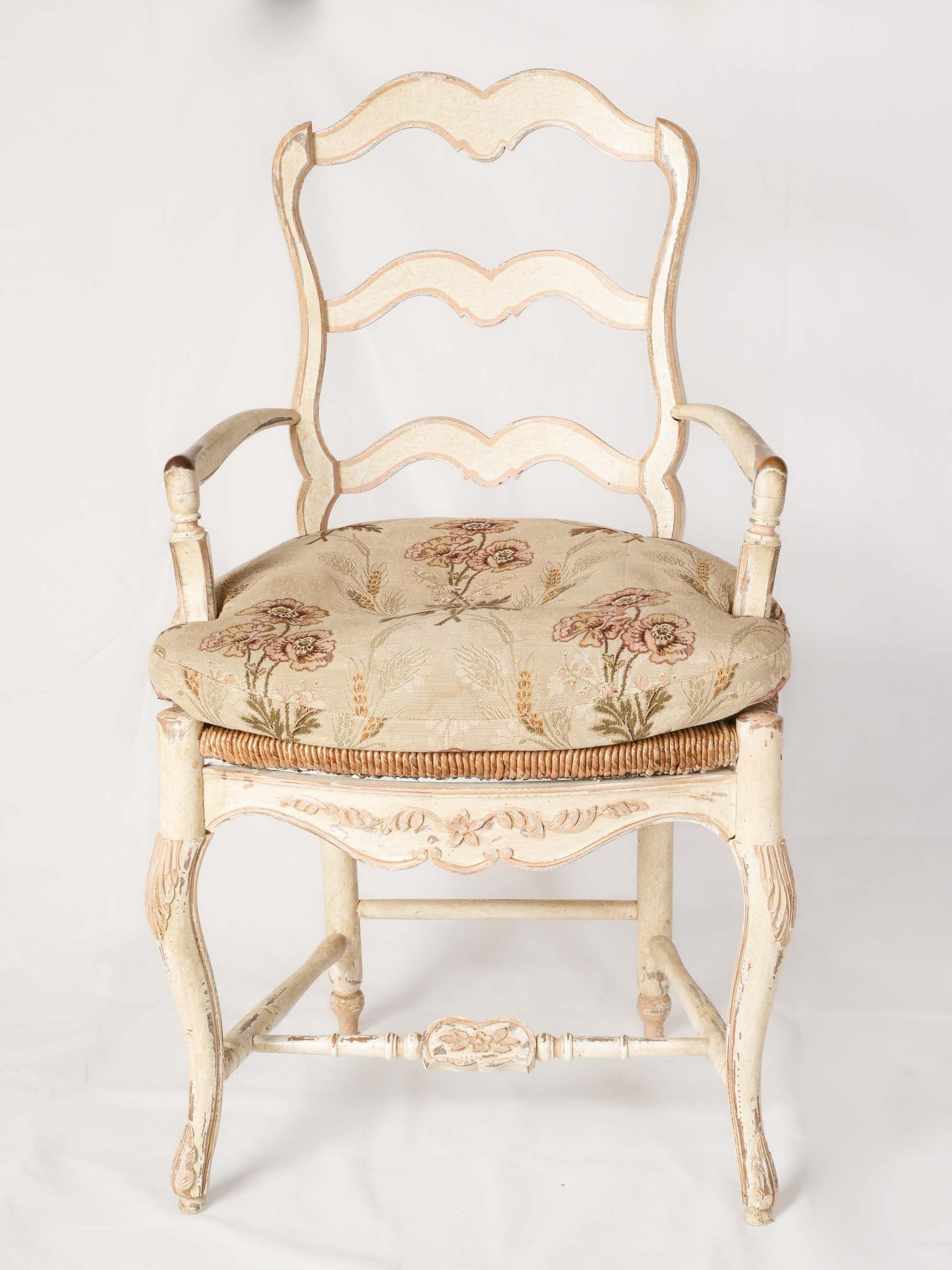 Painted Provençal Ladderback Armchair With Rush Seat and Floral Cushion